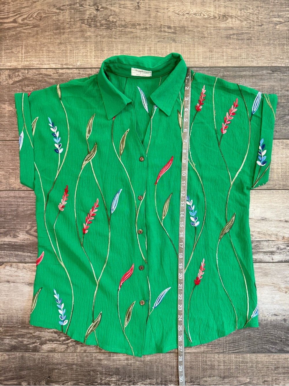 Anthropologie Green Embroidered Button-Down Shirt - Relaxed Short Sleeve Sz Lg - Picture 6 of 7